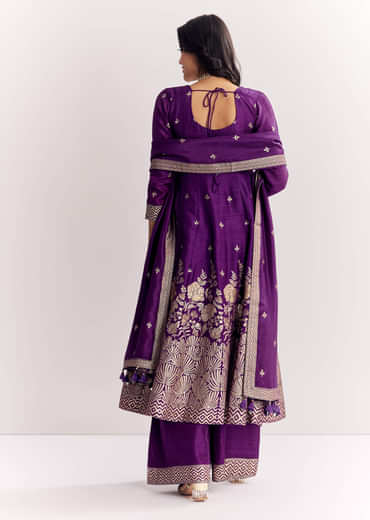 Purple Jacquard Silk Anarkali Dupatta Suit With Traditional Weave