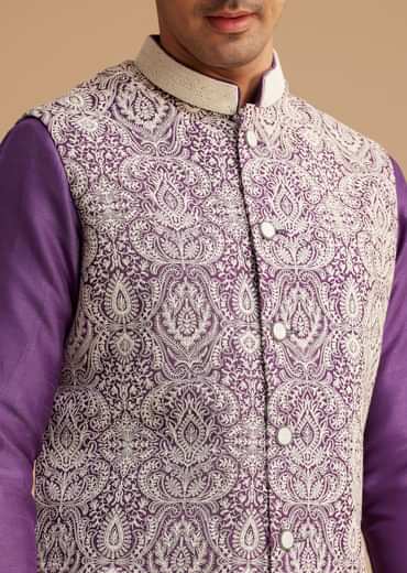 Purple Kurta Jacket Set With Resham Embroidery And Handworked Collar