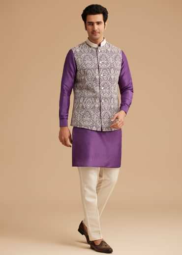 Purple Kurta Jacket Set With Resham Embroidery And Handworked Collar