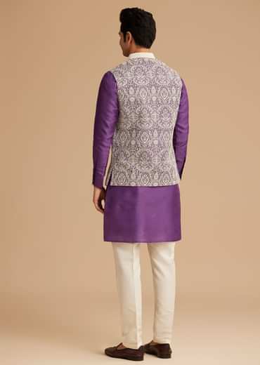 Purple Kurta Jacket Set With Resham Embroidery And Handworked Collar