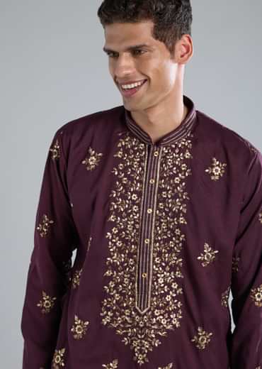 Purple Kurta Set With Thread And Resham Detailing