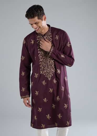 Purple Kurta Set With Thread And Resham Detailing