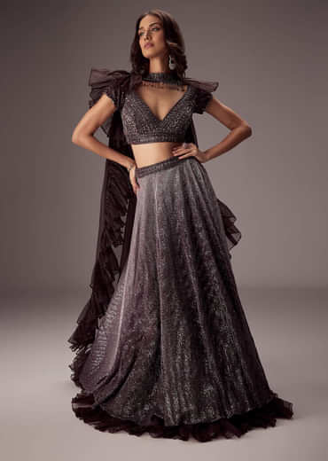 Purple Lehenga Set With Choker Style Dupatta And Flared Organza Skirt