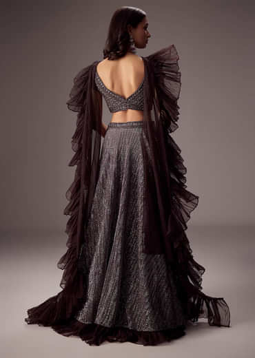 Purple Lehenga Set With Choker Style Dupatta And Flared Organza Skirt