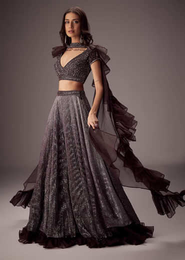 Purple Lehenga Set With Choker Style Dupatta And Flared Organza Skirt