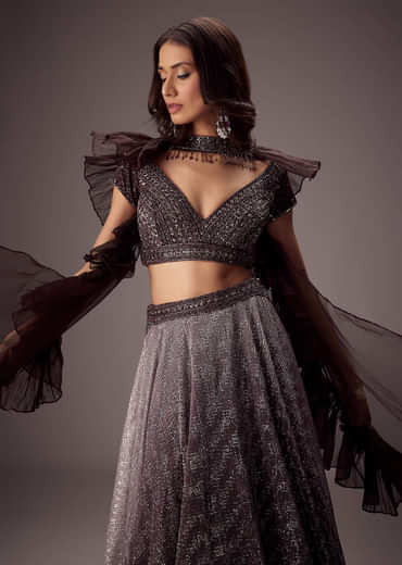 Purple Lehenga Set With Choker Style Dupatta And Flared Organza Skirt