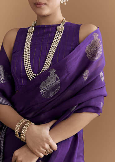 Purple Linen Woven Saree With Brocade And Zari Work