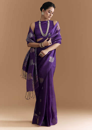 Purple Linen Woven Saree With Brocade And Zari Work