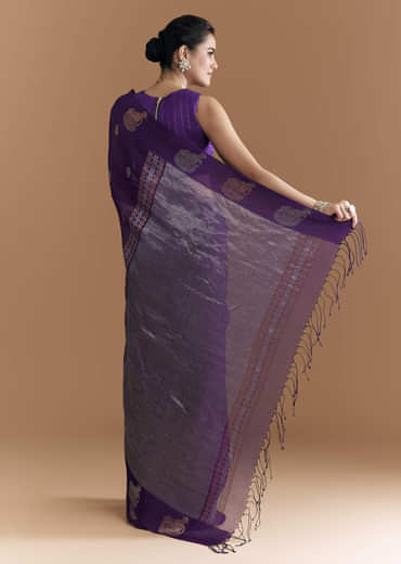 Purple Linen Woven Saree With Brocade And Zari Work