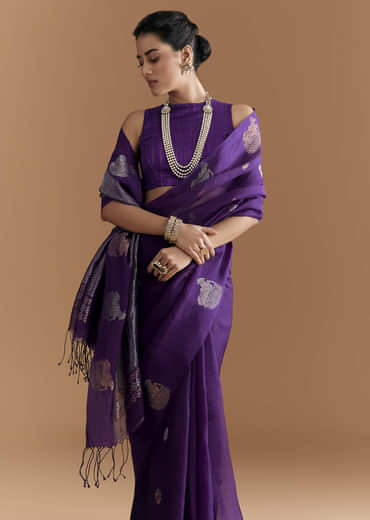 Purple Linen Woven Saree With Brocade And Zari Work