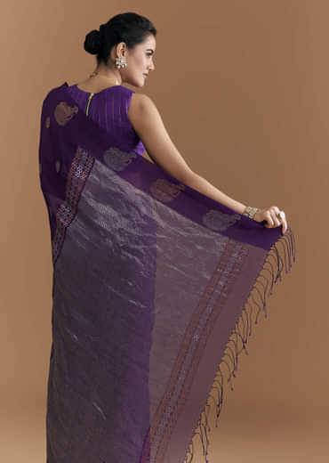 Purple Linen Woven Saree With Brocade And Zari Work