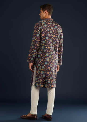 Purple Mens Floral Print Silk Kurta Set with Sequin Work