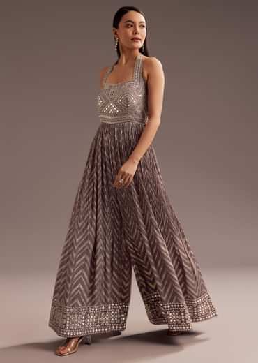 Purple Mirror Cutdana Work Halter Neck Jumpsuit