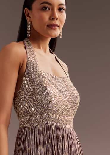 Purple Mirror Cutdana Work Halter Neck Jumpsuit