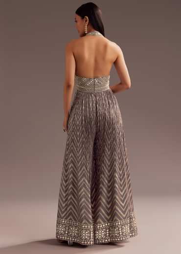 Purple Mirror Cutdana Work Halter Neck Jumpsuit