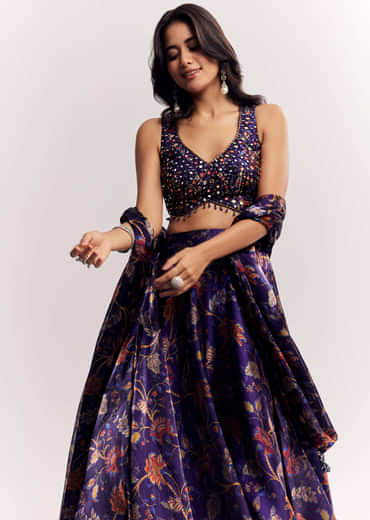 Purple Mirror Work Lehenga Choli Set In Organza Tissue