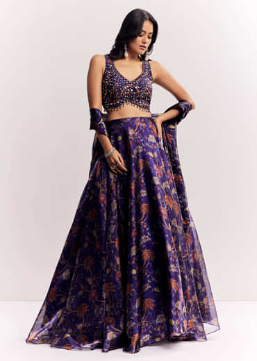 Purple Mirror Work Lehenga Choli Set In Organza Tissue
