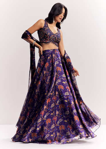 Purple Mirror Work Lehenga Choli Set In Organza Tissue