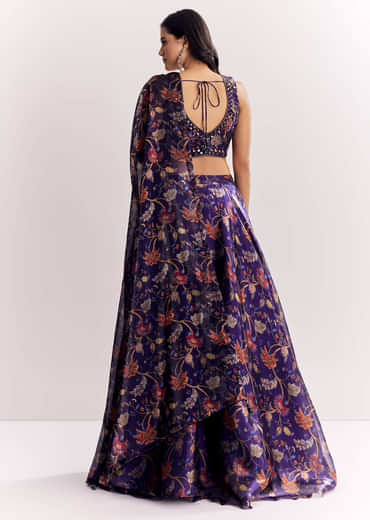 Purple Mirror Work Lehenga Choli Set In Organza Tissue