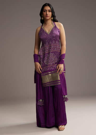 Purple Modal Satin Palazzo Suit With Bandhani Print