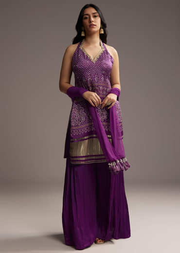 Purple Modal Satin Palazzo Suit With Bandhani Print