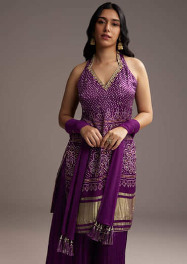 Purple Modal Satin Palazzo Suit With Bandhani Print