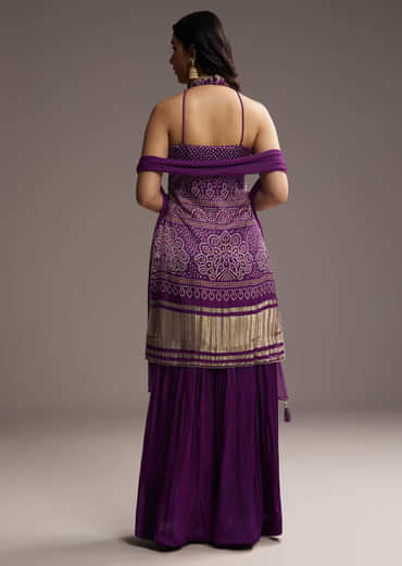 Purple Modal Satin Palazzo Suit With Bandhani Print