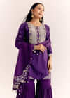 Purple Moti Threadwork Dola Silk Sharara Suit With Organza Dupatta