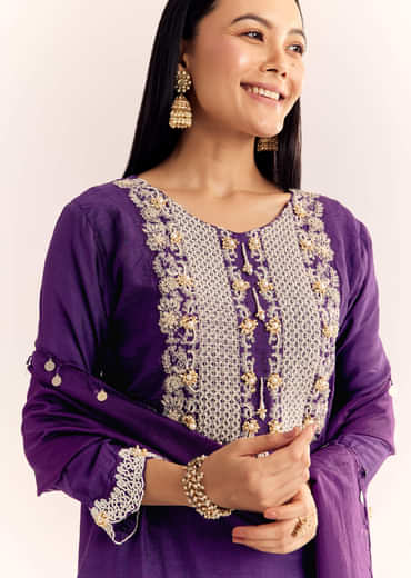 Purple Moti Threadwork Dola Silk Sharara Suit With Organza Dupatta