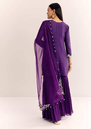 Purple Moti Threadwork Dola Silk Sharara Suit With Organza Dupatta