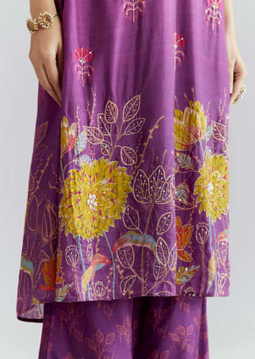 Purple Ombre Crepe Palazzo Suit With Floral Print
