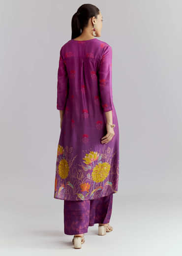 Purple Ombre Crepe Palazzo Suit With Floral Print