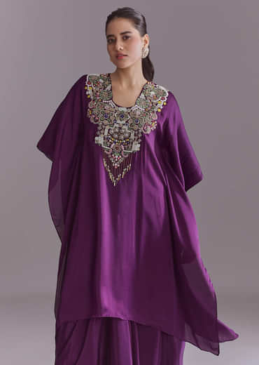 Purple Organza Kaftan Top And Drape Skirt Set With Thread Work