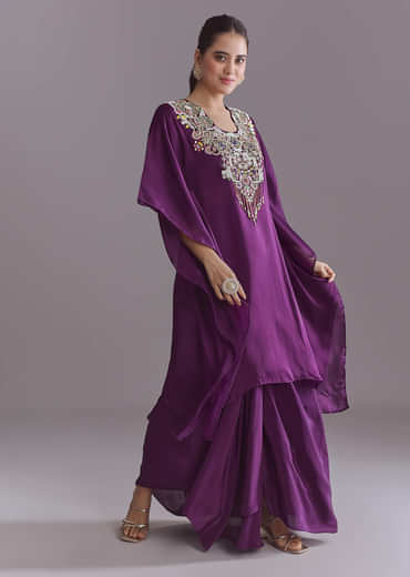 Purple Organza Kaftan Top And Drape Skirt Set With Thread Work
