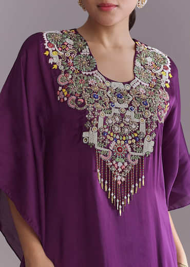 Purple Organza Kaftan Top And Drape Skirt Set With Thread Work
