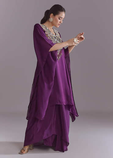 Purple Organza Kaftan Top And Drape Skirt Set With Thread Work