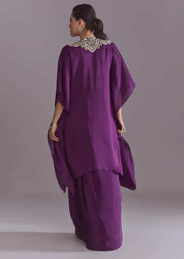 Purple Organza Kaftan Top And Drape Skirt Set With Thread Work