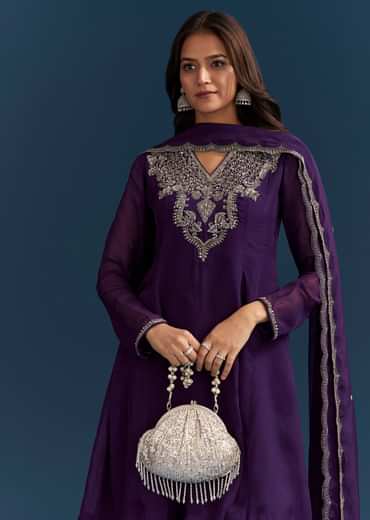 Purple Organza Kurta Set With Embroidery And Dupatta