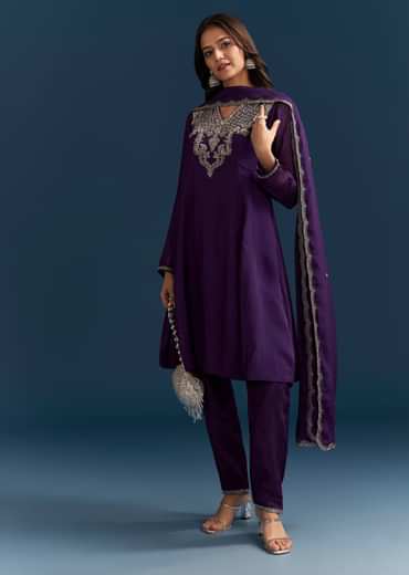 Purple Organza Kurta Set With Embroidery And Dupatta