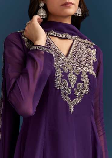 Purple Organza Kurta Set With Embroidery And Dupatta
