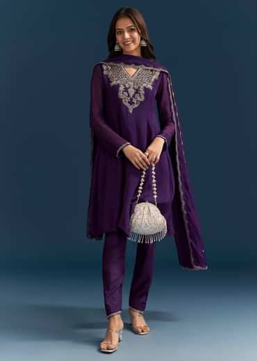 Purple Organza Kurta Set With Embroidery And Dupatta