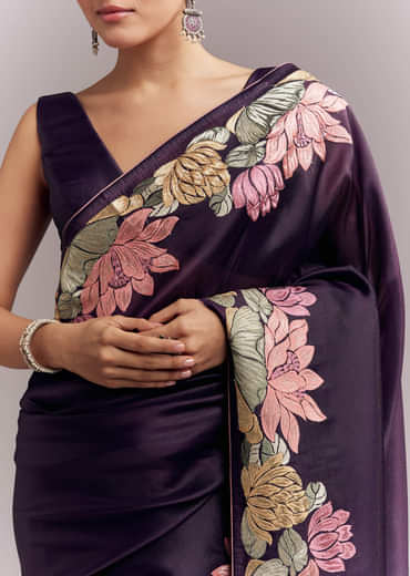 Purple Organza Silk Saree With Floral Resham Embroidery And Cutwork
