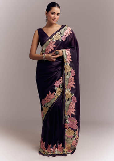 Purple Organza Silk Saree With Floral Resham Embroidery And Cutwork