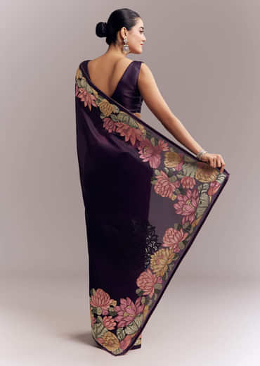 Purple Organza Silk Saree With Floral Resham Embroidery And Cutwork