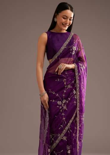 Purple Organza Tissue Saree With Sequins And Cutdana Jaal