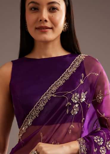 Purple Organza Tissue Saree With Sequins And Cutdana Jaal