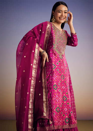 Purple Patola And Bandhani Print Kurta Set With Banarasi Dupatta