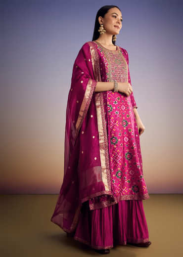 Purple Patola And Bandhani Print Kurta Set With Banarasi Dupatta