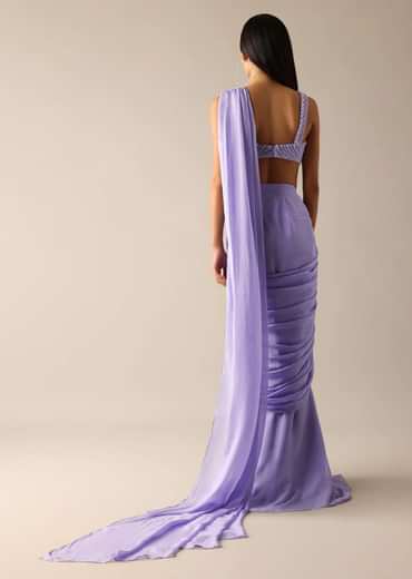 Purple Pre Pleated Saree with Pearl Embroidered Blouse