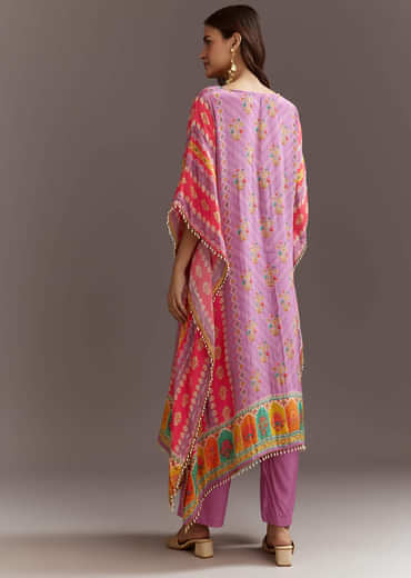Purple Printed Crepe Kaftaan Kurta Pant